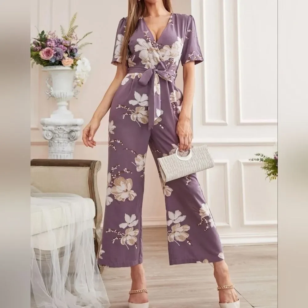 SHEIN Vcay Purple Floral Surplice Top Belted Wide Leg Jumpsuit L - Picture 1 of 16